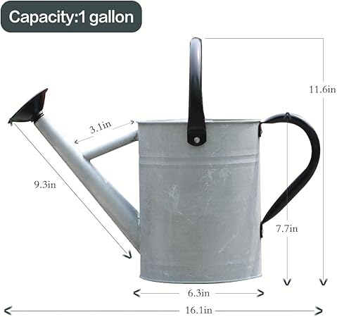 1 Gallon Vintage Galvanized Watering Can with Long Spout and Dual Handles – Large Metal Garden Watering Pot