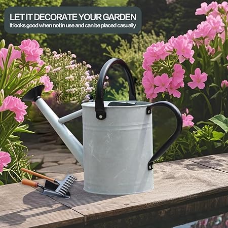 1 Gallon Vintage Galvanized Watering Can with Long Spout and Dual Handles – Large Metal Garden Watering Pot