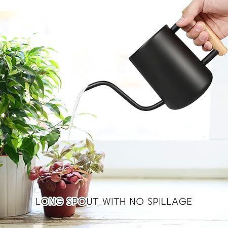 Black Metal Watering Can with Wooden Handle – Long Spout Indoor Watering Pot for Precise Plant Care